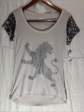 Express Light Gray Tee with Silver Sequin Cap Sleeves and Metallic Lion